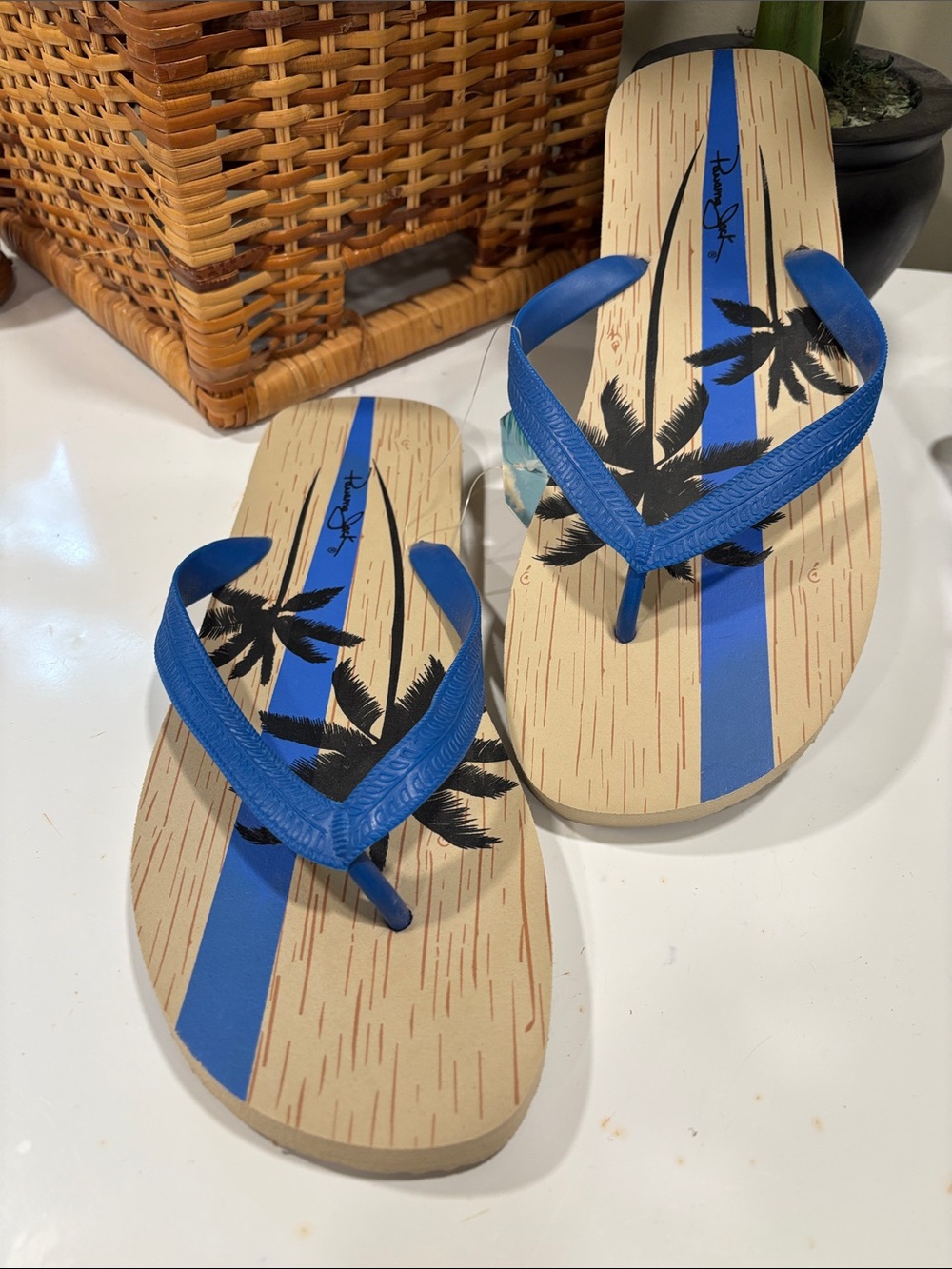 Panama Jack Blue and Tan Palm-Print Flip Flops NWT
